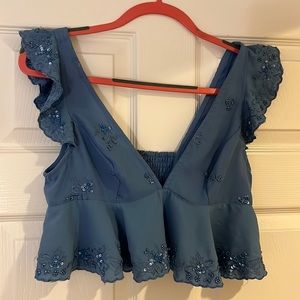 Blue Free People Scallop Top with Beading